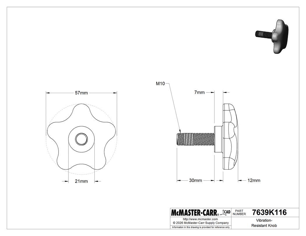 Technical Drawing of Vibration-Resistant Knob, Five Arm Grip, 57 mm Head Diameter, M10 Threaded Stud.